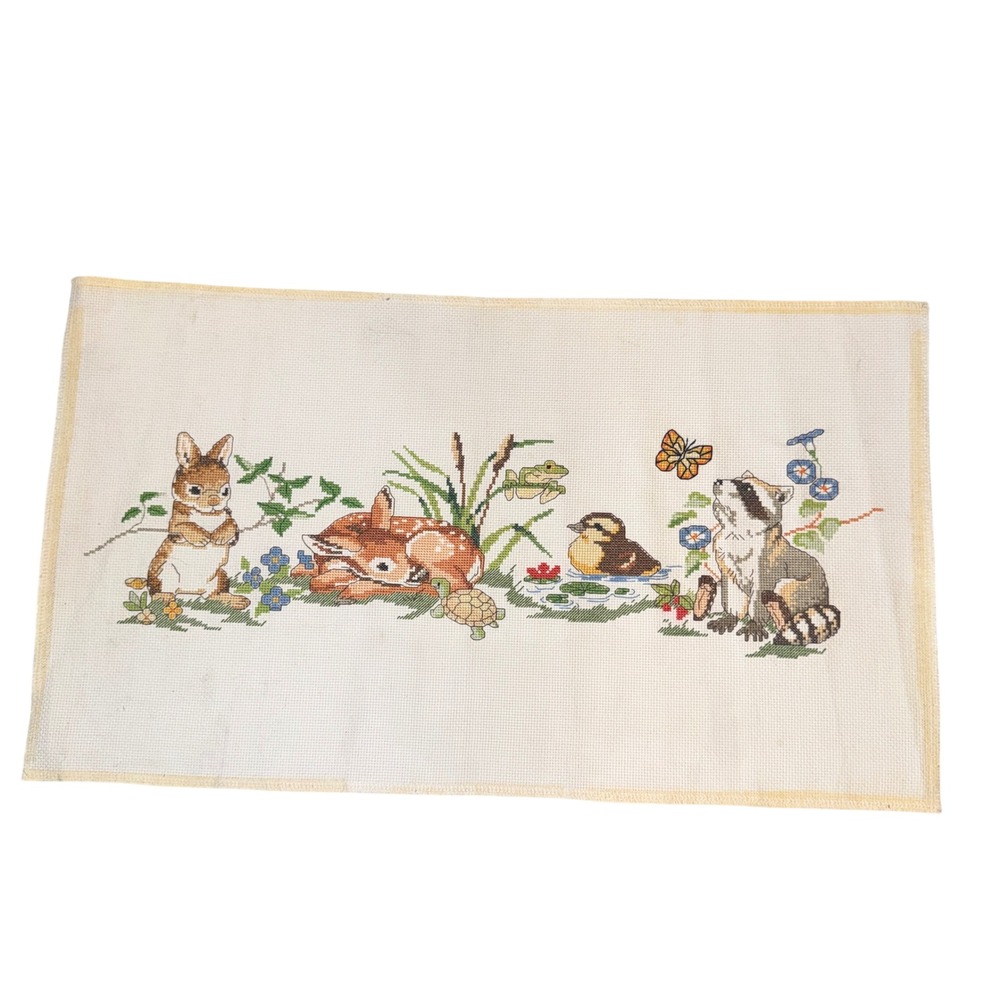 Woodland Forest Animals Hand Stitched Cross Stitch Art 22x13 Fawn Bunny Raccoon
